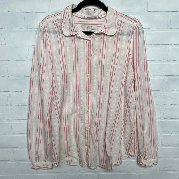 LOFT Vertical Red Pinstripe 100% Cotton Soft Button Down Shirt Top-sz L - Picture 1 of 4